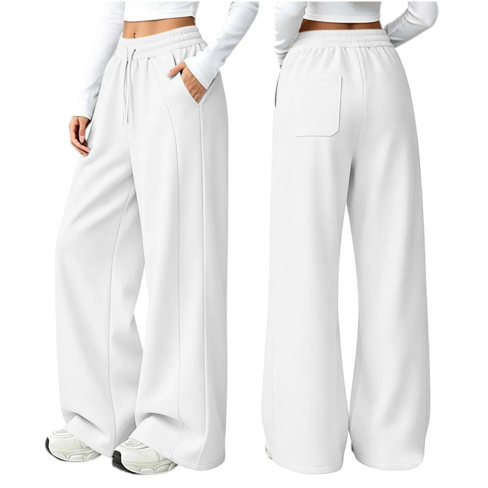 Generico Pantaloni da Jogging da Donna a Gamba Larga da Donna Pantaloni da Jogging Larghi a Vita Alta Pants Sportivi Casual con Coulisse E Tasche - immagine 5