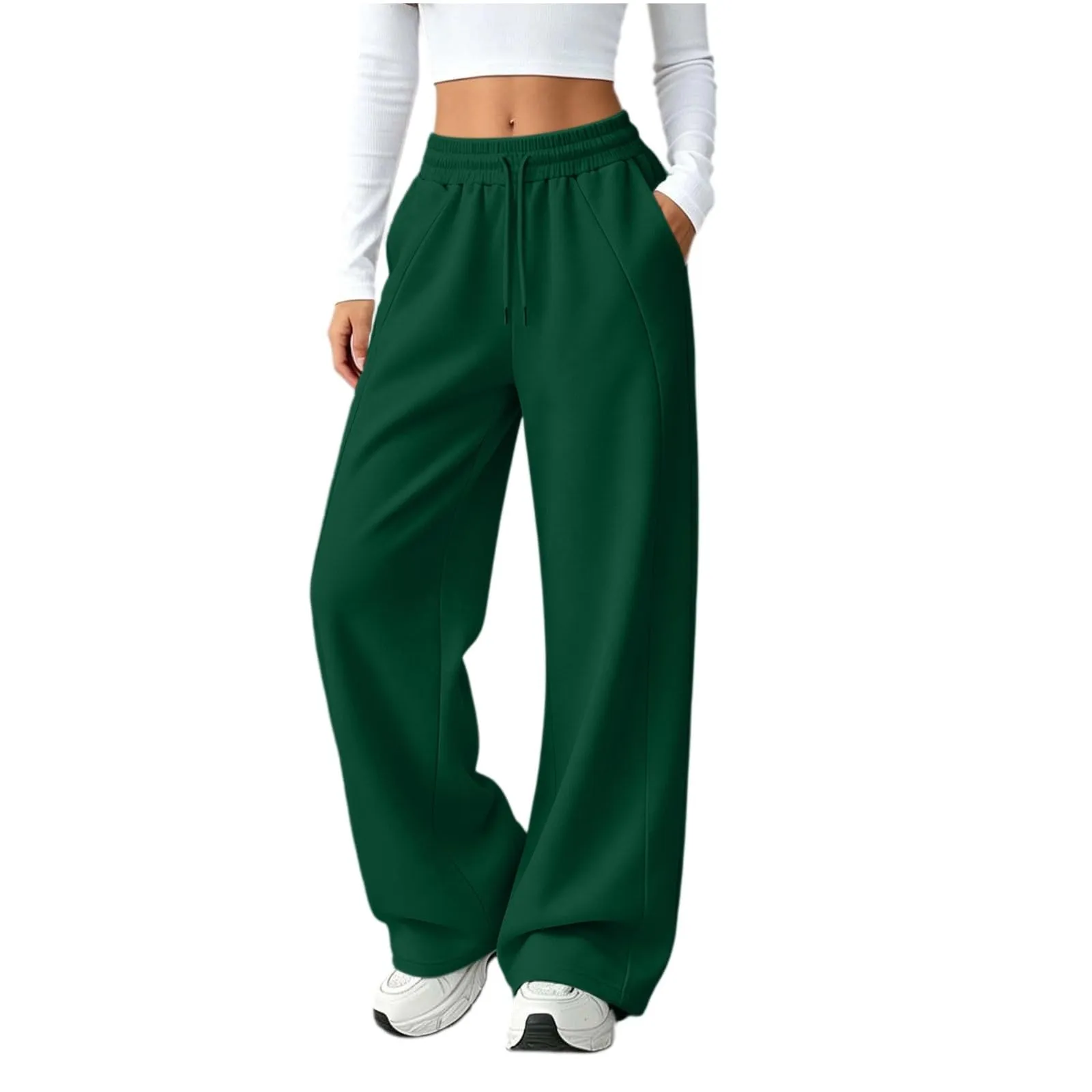 Generico Pantaloni da Jogging da Donna a Gamba Larga da Donna Pantaloni da Jogging Larghi a Vita Alta Pants Sportivi Casual con Coulisse E Tasche - immagine 1