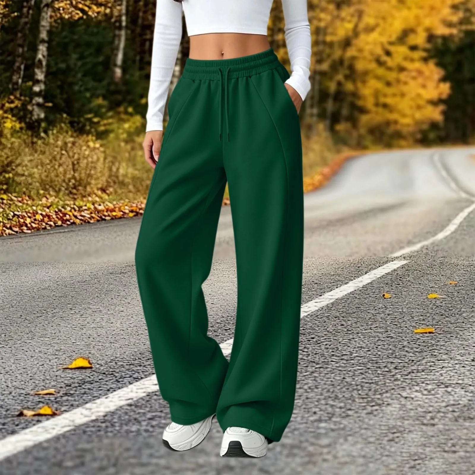 Generico Pantaloni da Jogging da Donna a Gamba Larga da Donna Pantaloni da Jogging Larghi a Vita Alta Pants Sportivi Casual con Coulisse E Tasche - immagine 3