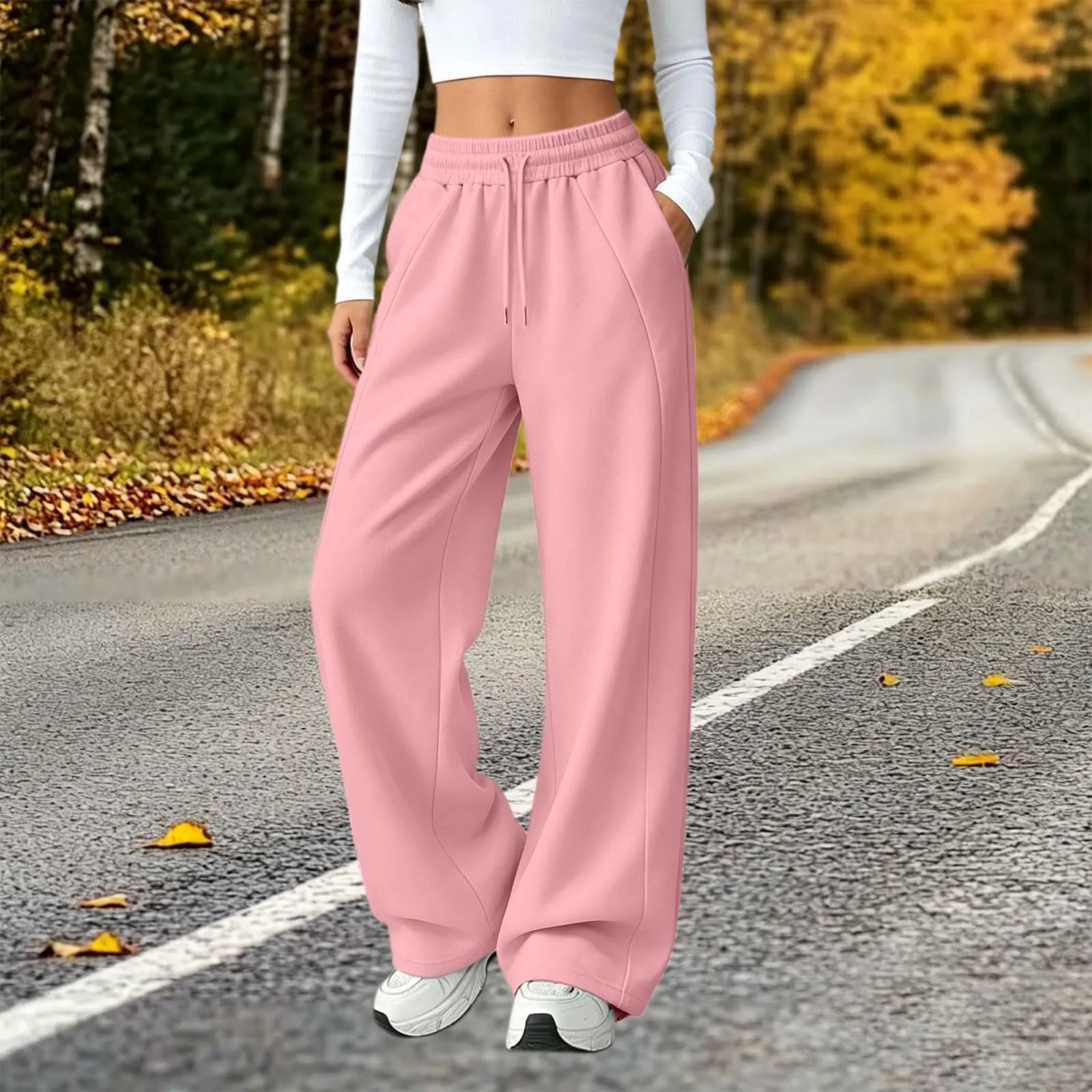 Generico Pantaloni da Jogging da Donna a Gamba Larga da Donna Pantaloni da Jogging Larghi a Vita Alta Pants Sportivi Casual con Coulisse E Tasche - immagine 3