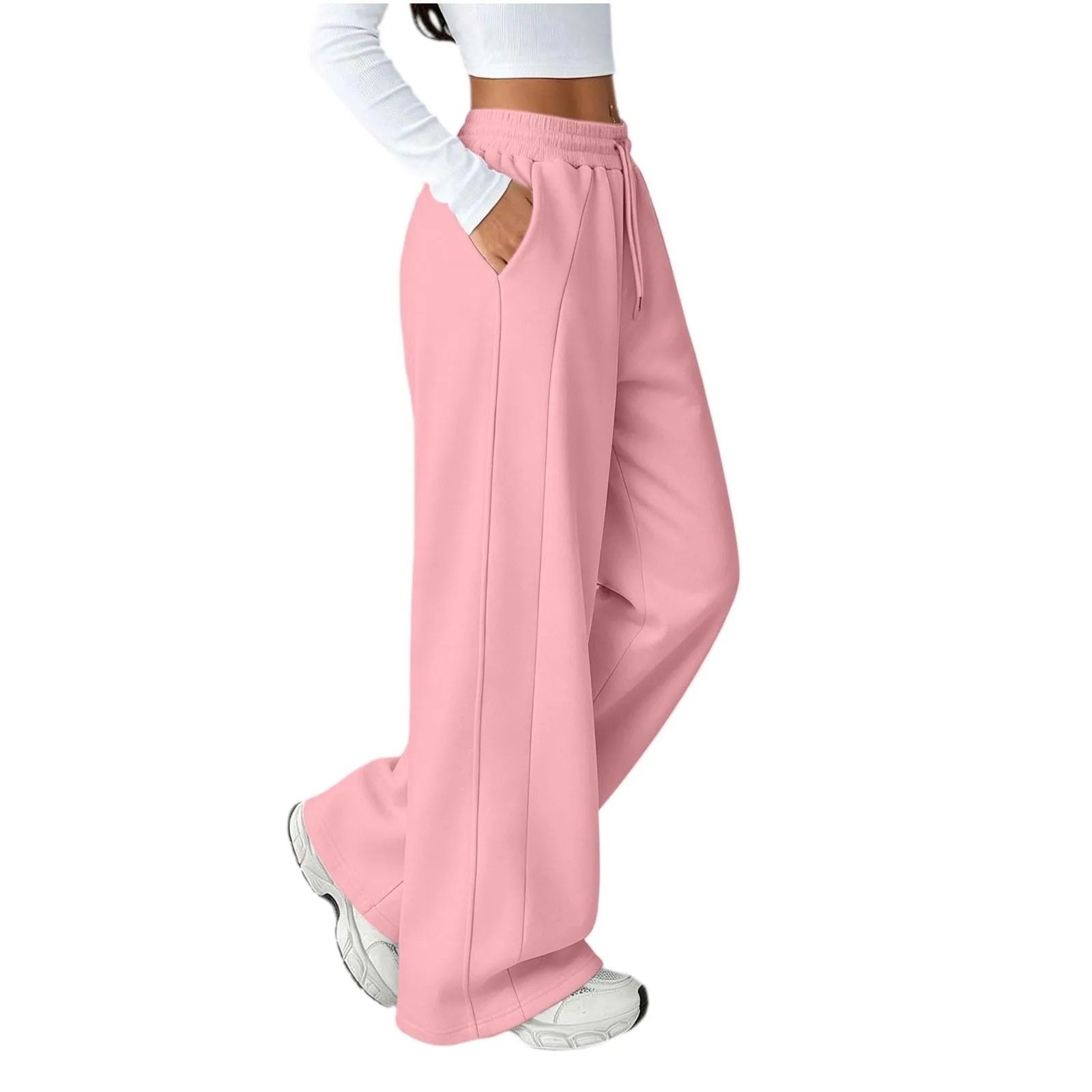 Generico Pantaloni da Jogging da Donna a Gamba Larga da Donna Pantaloni da Jogging Larghi a Vita Alta Pants Sportivi Casual con Coulisse E Tasche - immagine 4