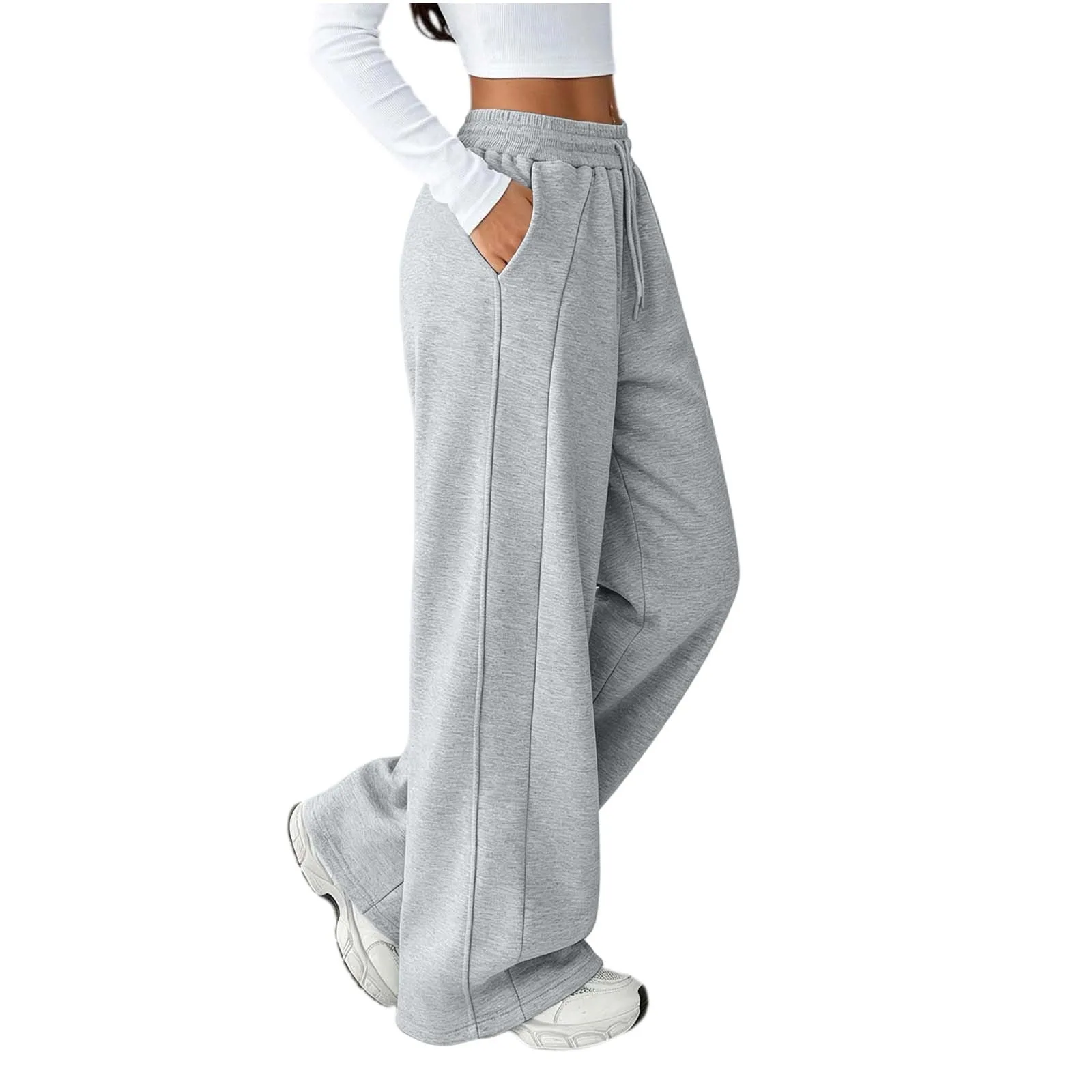 Generico Pantaloni da Jogging da Donna a Gamba Larga da Donna Pantaloni da Jogging Larghi a Vita Alta Pants Sportivi Casual con Coulisse E Tasche - immagine 2