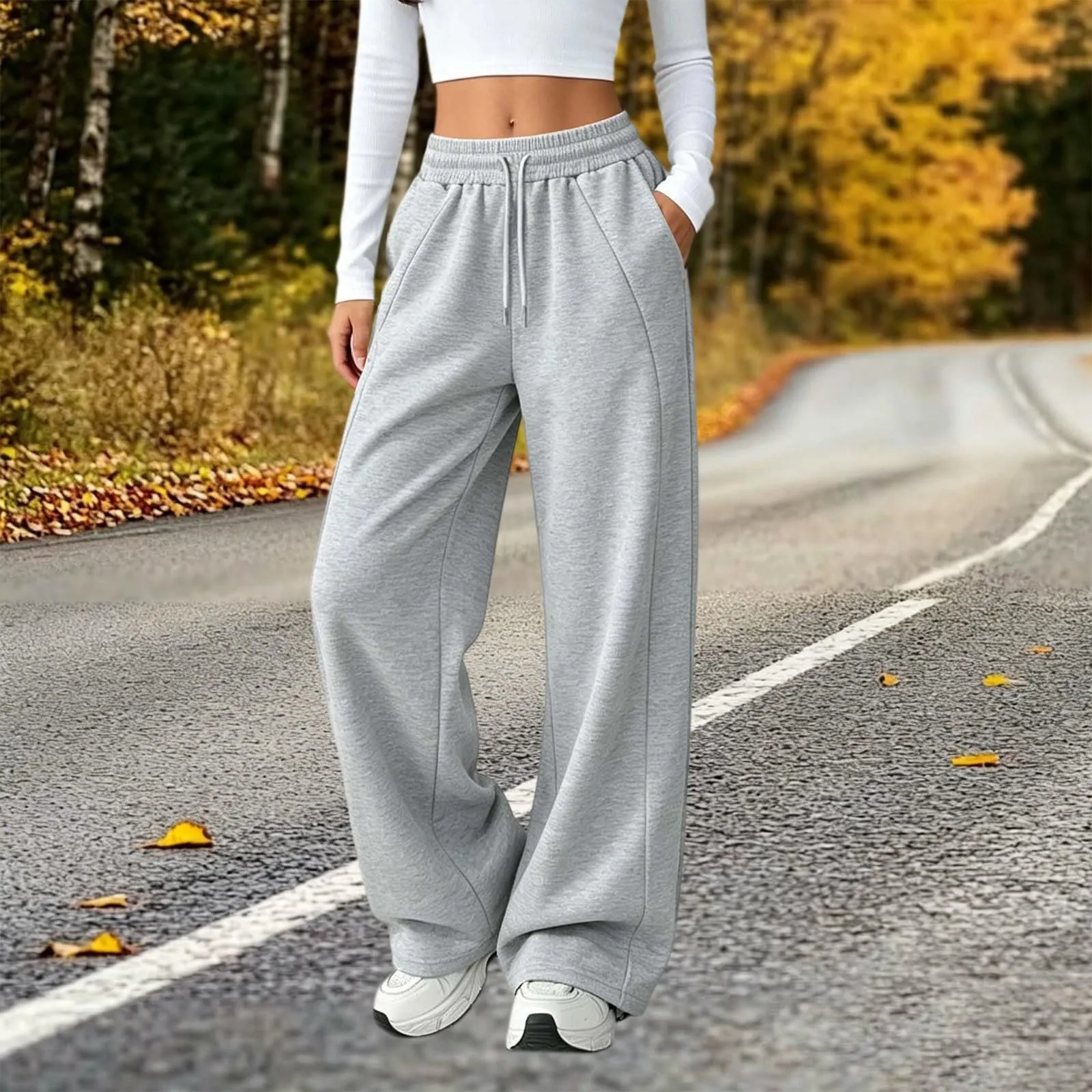 Generico Pantaloni da Jogging da Donna a Gamba Larga da Donna Pantaloni da Jogging Larghi a Vita Alta Pants Sportivi Casual con Coulisse E Tasche - immagine 3