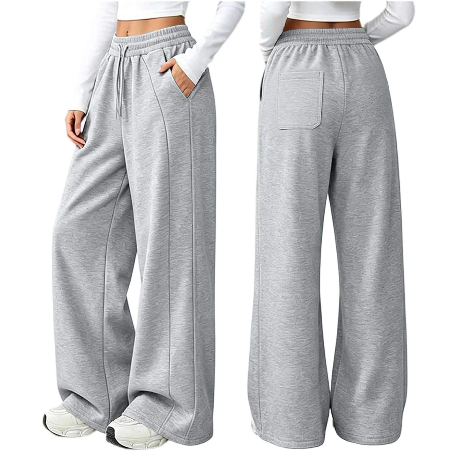 Generico Pantaloni da Jogging da Donna a Gamba Larga da Donna Pantaloni da Jogging Larghi a Vita Alta Pants Sportivi Casual con Coulisse E Tasche - immagine 5