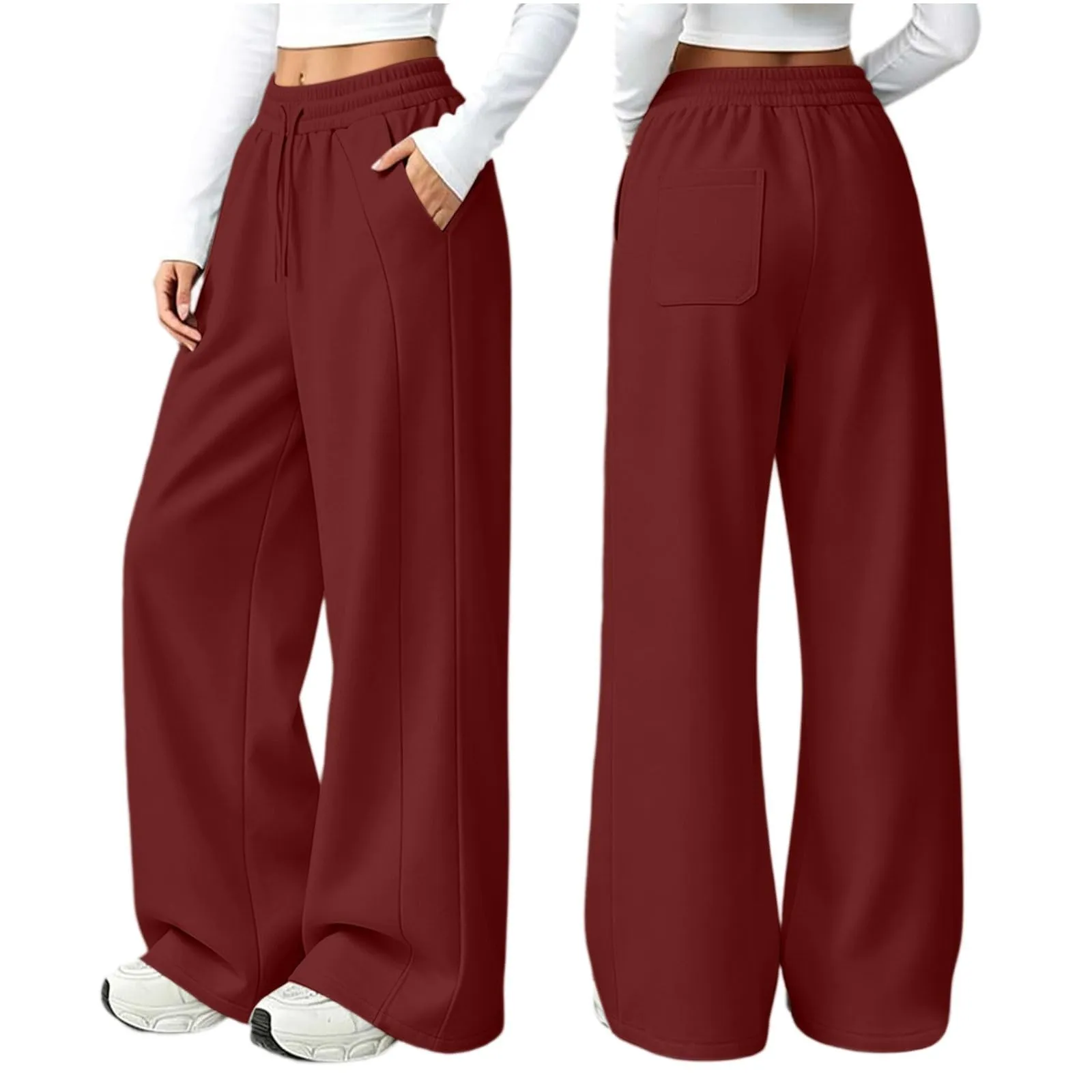 Generico Pantaloni da Jogging da Donna a Gamba Larga da Donna Pantaloni da Jogging Larghi a Vita Alta Pants Sportivi Casual con Coulisse E Tasche - immagine 5