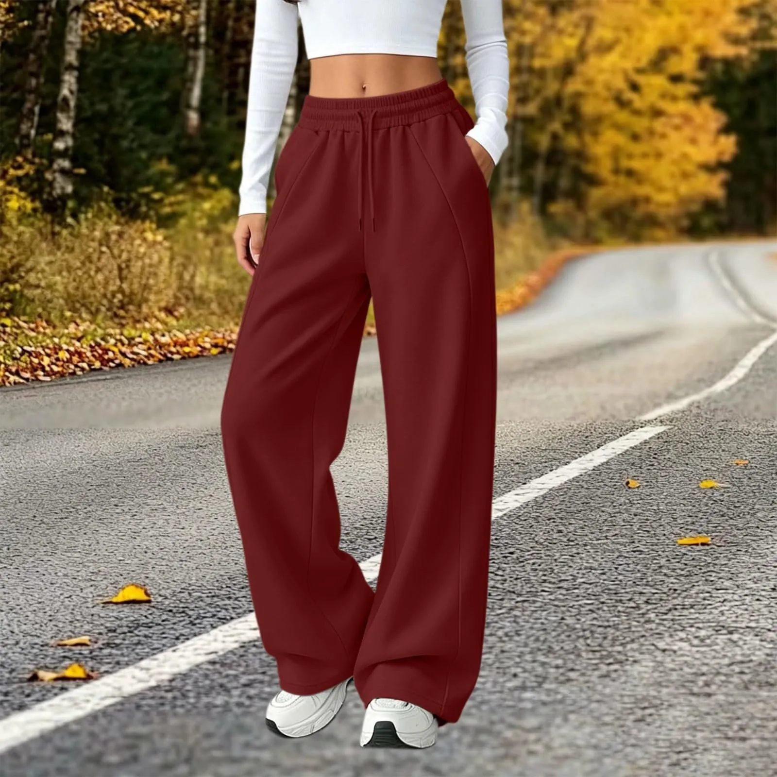 Generico Pantaloni da Jogging da Donna a Gamba Larga da Donna Pantaloni da Jogging Larghi a Vita Alta Pants Sportivi Casual con Coulisse E Tasche - immagine 3