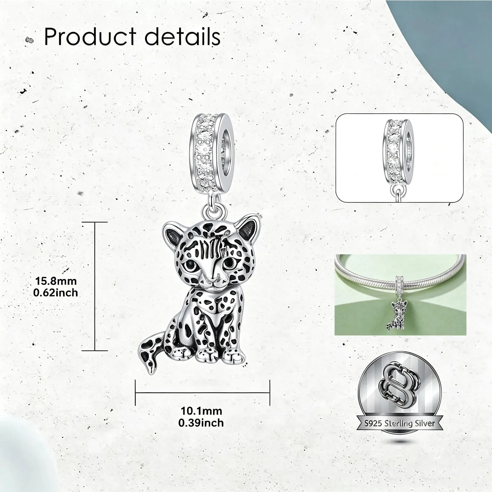 ROMANTICWORK Argento Sterling 925 koala/maialino/gatto/colibrari/bovino/manzo/leone/volpe/scimmia/teschio/tigre/panda rosso per braccialetti animali gioielli da donna, 15.8mm*10.1mm, Argento sterling - immagine 5