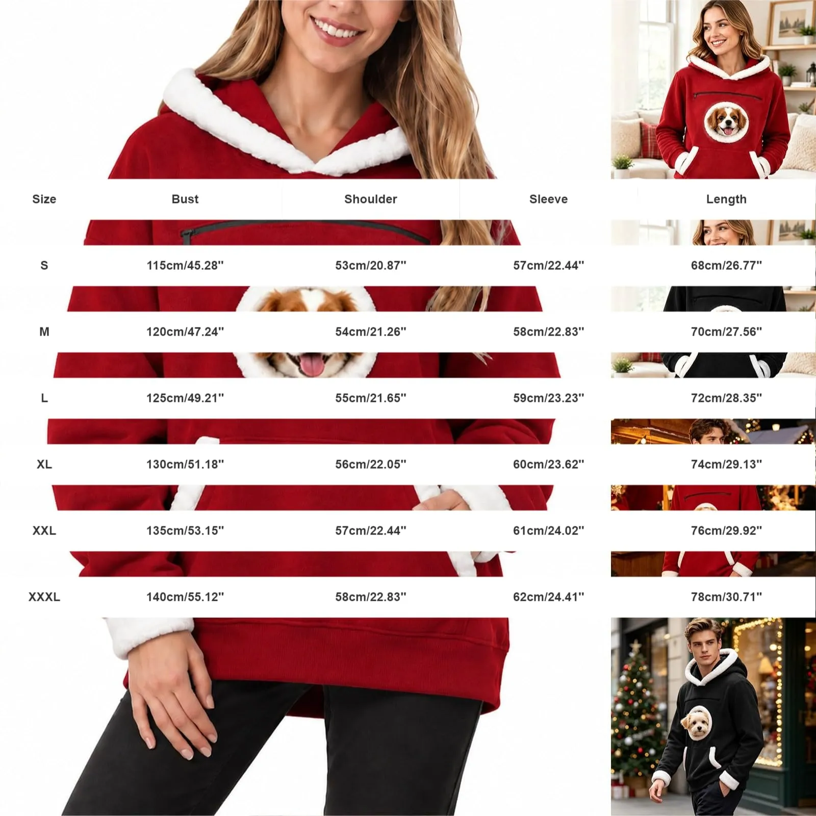 Felpa Donna Uomo con Cappuccio e Tasca Rotonda in Pelliccia Bianca Porta Cane, Apertura per la Testa, Rosso, Felpe Autunno Inverno per Animali Domestici, Regalo di Natale per gli Amanti dei Cani - immagine 4