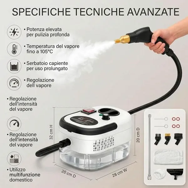 081 Store - Pulitore a Vapore 2500W ad Alta Pressione, 6 Livelli di Regolazione, Serbatoio XL da 1200 ml, Vapore fino a 105°C, Kit Accessori per Casa, Cucina, Bagno, Divani e Fughe - immagine 2