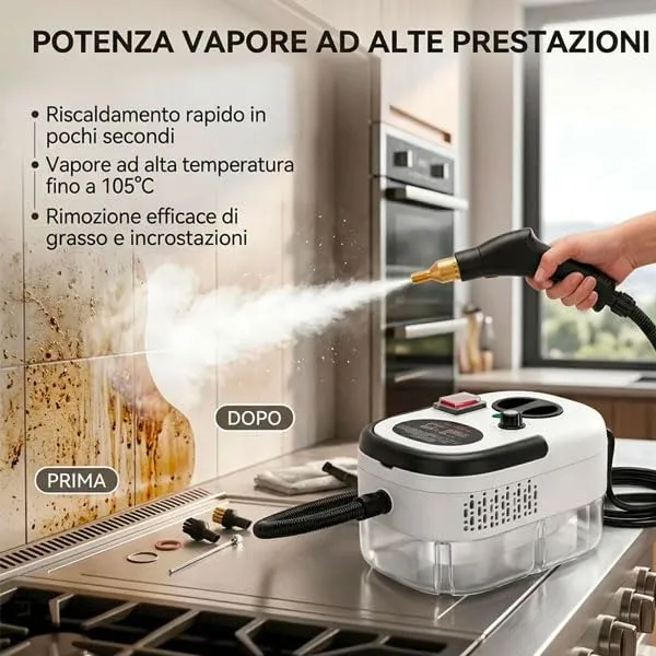 081 Store - Pulitore a Vapore 2500W ad Alta Pressione, 6 Livelli di Regolazione, Serbatoio XL da 1200 ml, Vapore fino a 105°C, Kit Accessori per Casa, Cucina, Bagno, Divani e Fughe - immagine 4
