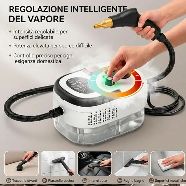 081 Store - Pulitore a Vapore 2500W ad Alta Pressione, 6 Livelli di Regolazione, Serbatoio XL da 1200 ml, Vapore fino a 105°C, Kit Accessori per Casa, Cucina, Bagno, Divani e Fughe - immagine 5