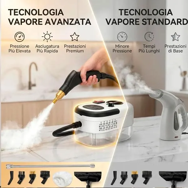 081 Store - Pulitore a Vapore 2500W ad Alta Pressione, 6 Livelli di Regolazione, Serbatoio XL da 1200 ml, Vapore fino a 105°C, Kit Accessori per Casa, Cucina, Bagno, Divani e Fughe - immagine 6