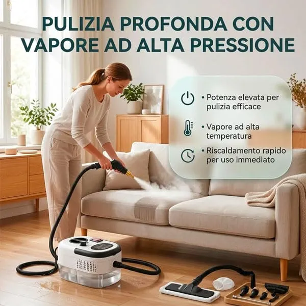 081 Store - Pulitore a Vapore 2500W ad Alta Pressione, 6 Livelli di Regolazione, Serbatoio XL da 1200 ml, Vapore fino a 105°C, Kit Accessori per Casa, Cucina, Bagno, Divani e Fughe - immagine 7