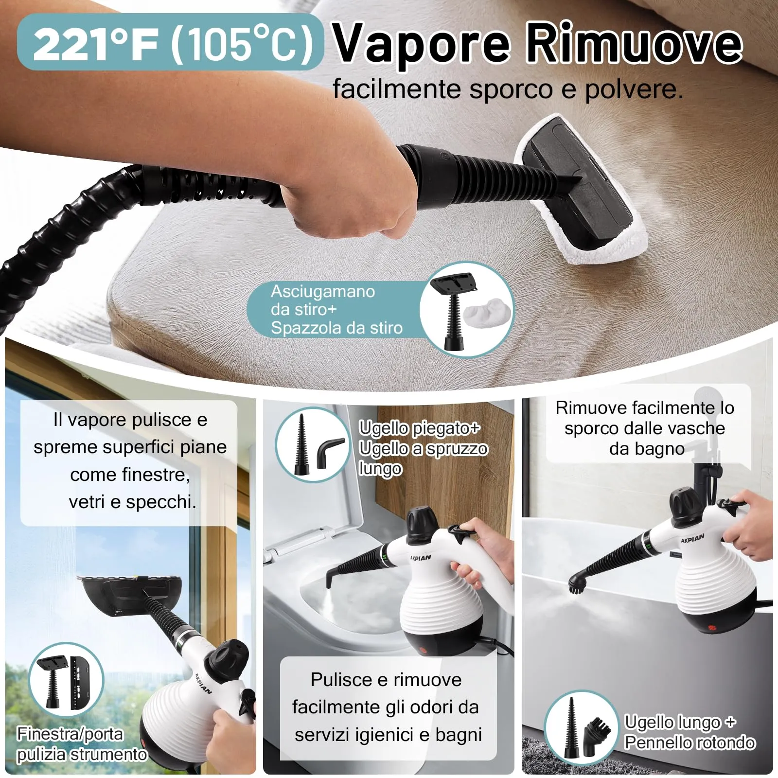 AKPIAN Pulitore a vapore manuale, Steam Cleaner con 10 accessori - immagine 4