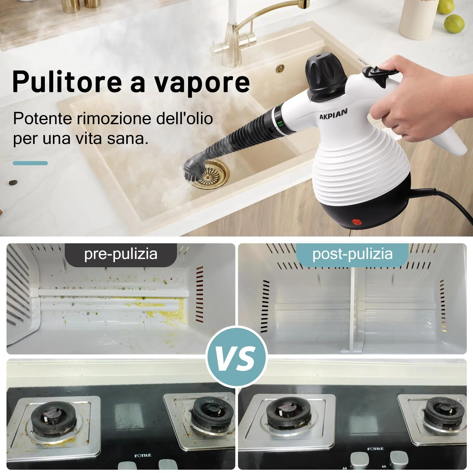 AKPIAN Pulitore a vapore manuale, Steam Cleaner con 10 accessori - immagine 5