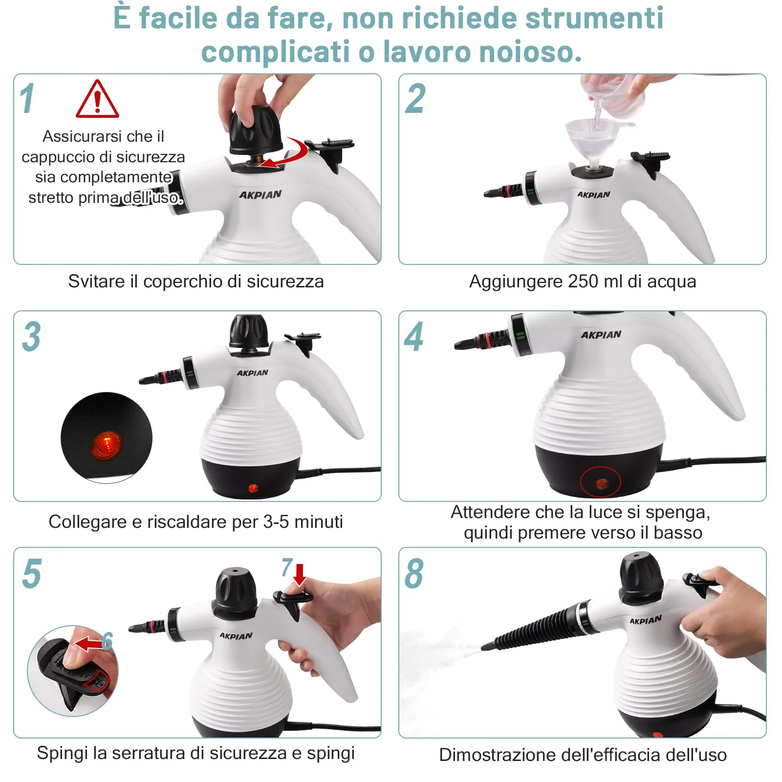 AKPIAN Pulitore a vapore manuale, Steam Cleaner con 10 accessori - immagine 6