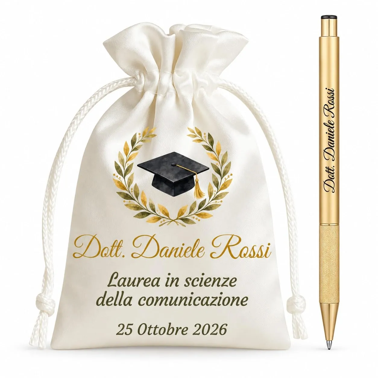 Cormar Kit Bomboniere Laurea Personalizzate, Rosso, 12 Sacchetti in Raso con 12 Penne Personalizzate, Nome, Facoltà e Data (STILE 10) - immagine 1
