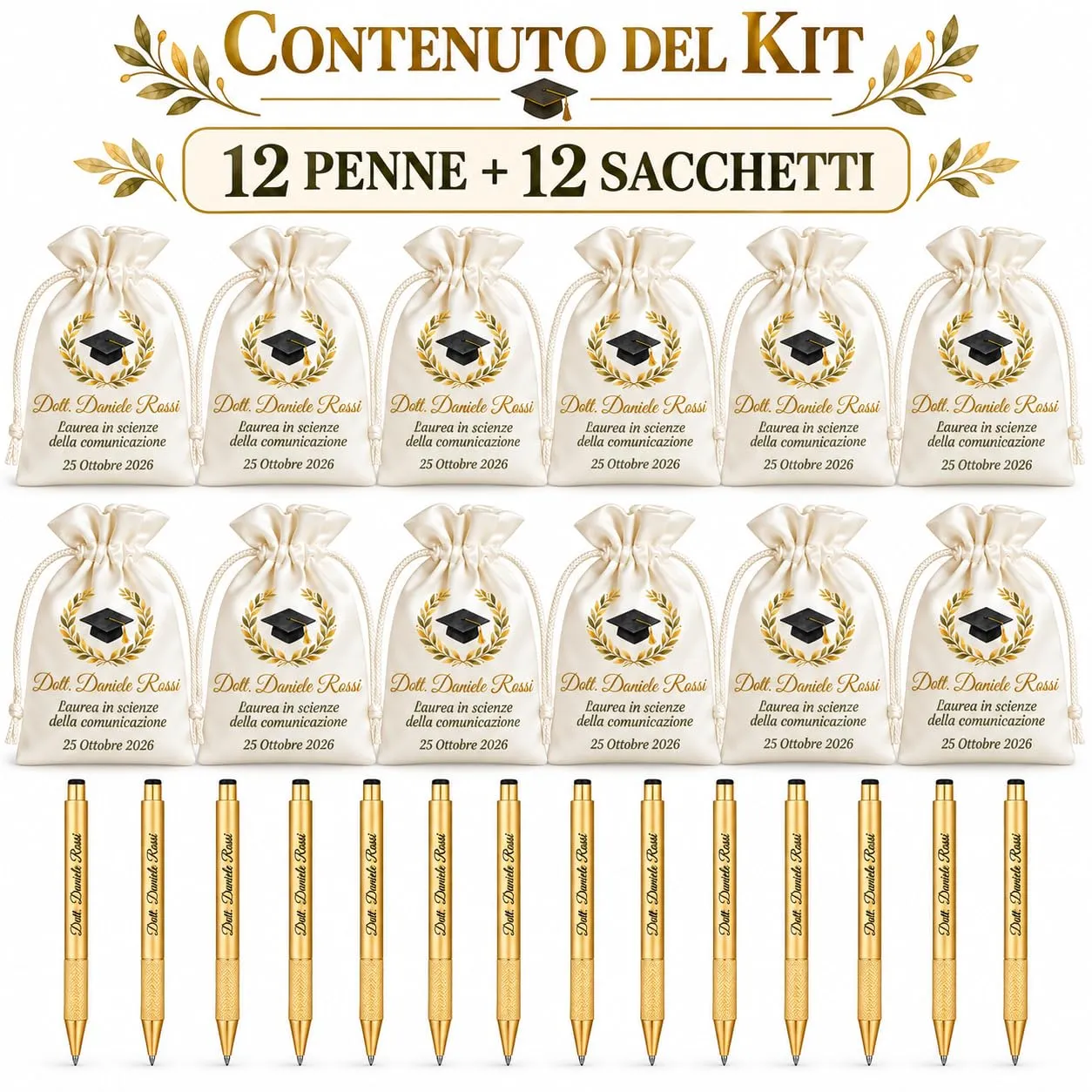 Cormar Kit Bomboniere Laurea Personalizzate, Rosso, 12 Sacchetti in Raso con 12 Penne Personalizzate, Nome, Facoltà e Data (STILE 10) - immagine 2