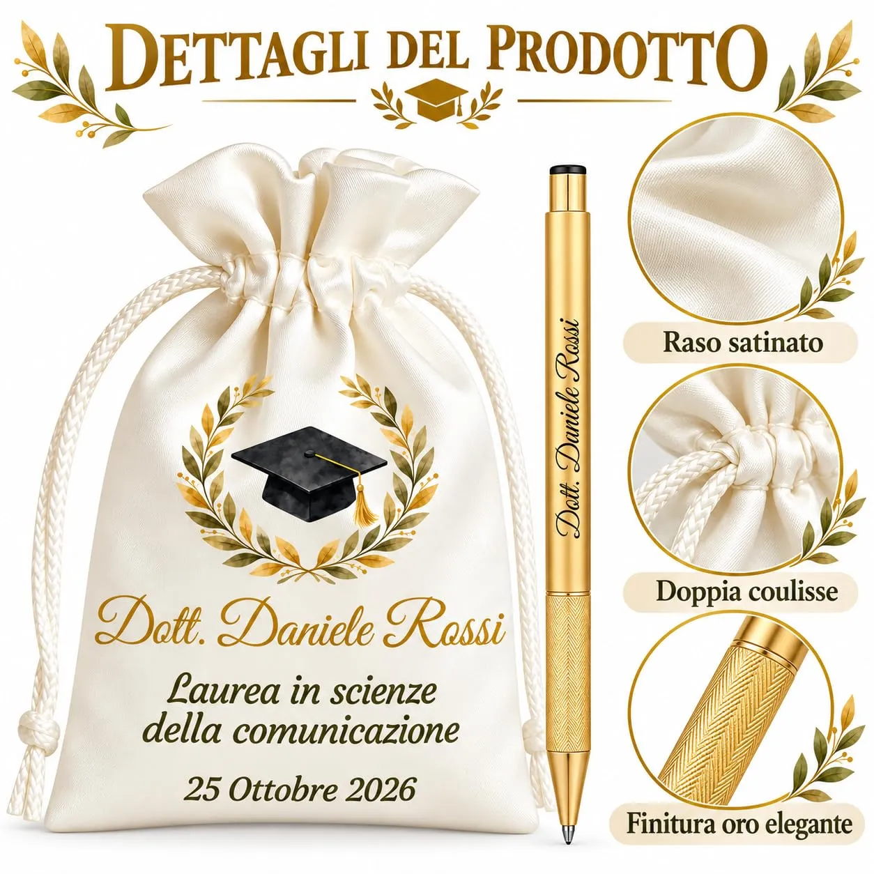 Cormar Kit Bomboniere Laurea Personalizzate, Rosso, 12 Sacchetti in Raso con 12 Penne Personalizzate, Nome, Facoltà e Data (STILE 10) - immagine 3