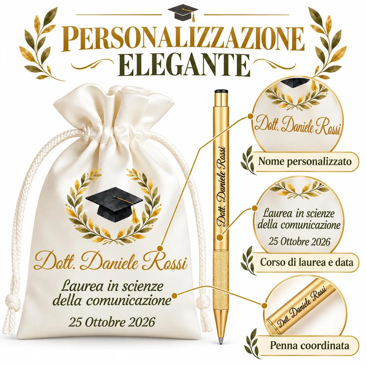 Cormar Kit Bomboniere Laurea Personalizzate, Rosso, 12 Sacchetti in Raso con 12 Penne Personalizzate, Nome, Facoltà e Data (STILE 10) - immagine 4