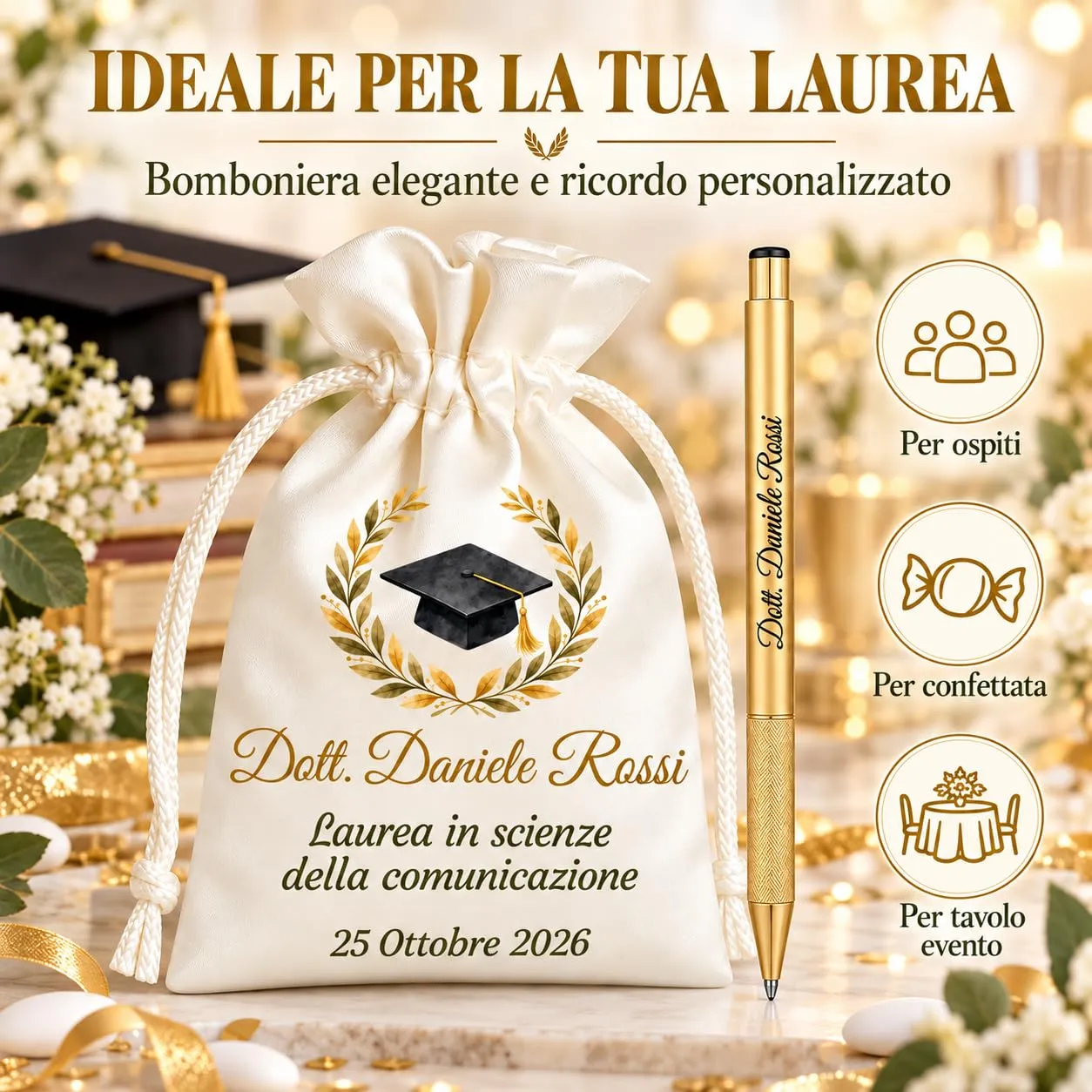 Cormar Kit Bomboniere Laurea Personalizzate, Rosso, 12 Sacchetti in Raso con 12 Penne Personalizzate, Nome, Facoltà e Data (STILE 10) - immagine 5
