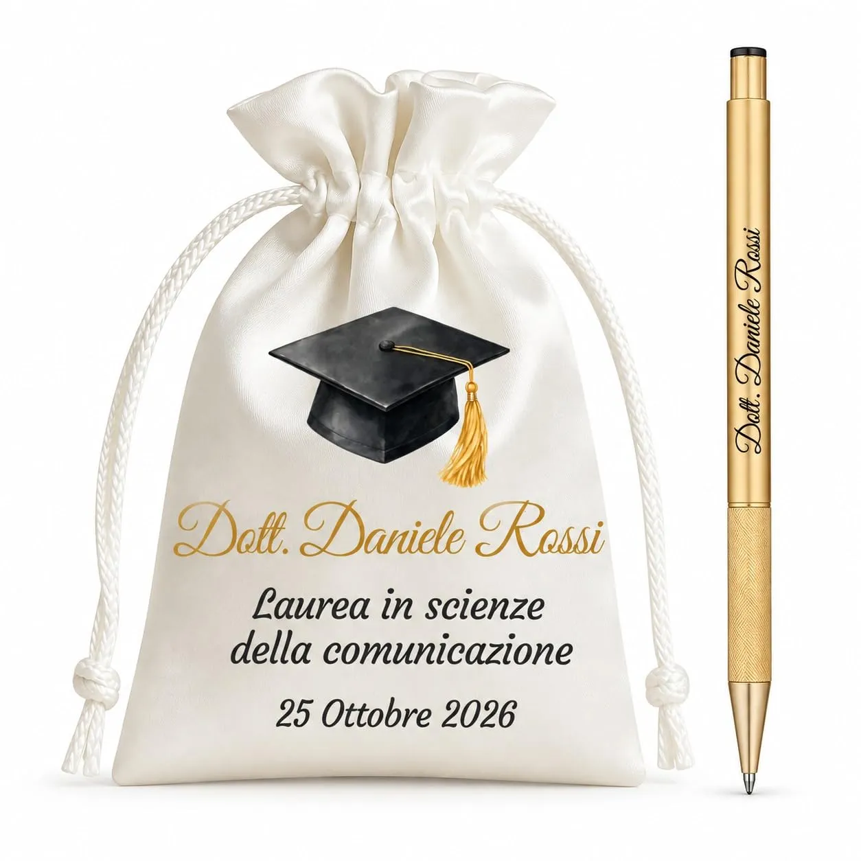 Cormar Kit Bomboniere Laurea Personalizzate, Rosso, 12 Sacchetti in Raso con 12 Penne Personalizzate, Nome, Facoltà e Data (STILE 13) - immagine 1