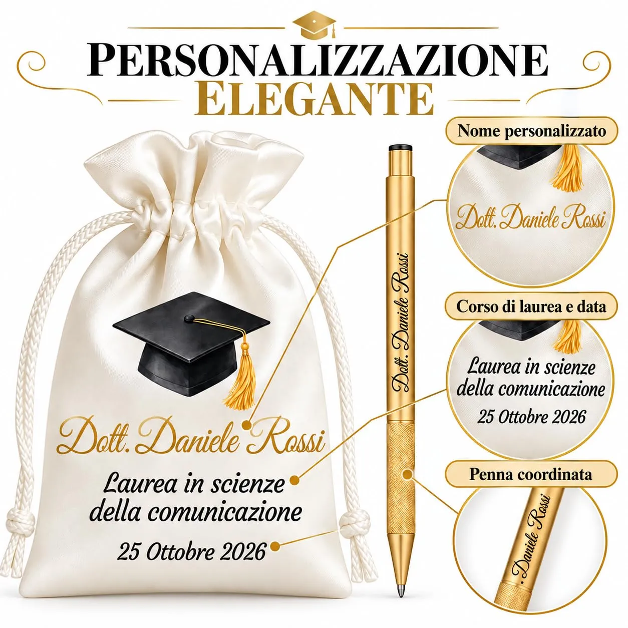 Cormar Kit Bomboniere Laurea Personalizzate, Rosso, 12 Sacchetti in Raso con 12 Penne Personalizzate, Nome, Facoltà e Data (STILE 13) - immagine 2