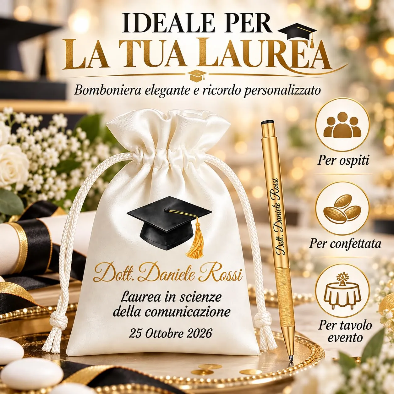 Cormar Kit Bomboniere Laurea Personalizzate, Rosso, 12 Sacchetti in Raso con 12 Penne Personalizzate, Nome, Facoltà e Data (STILE 13) - immagine 3
