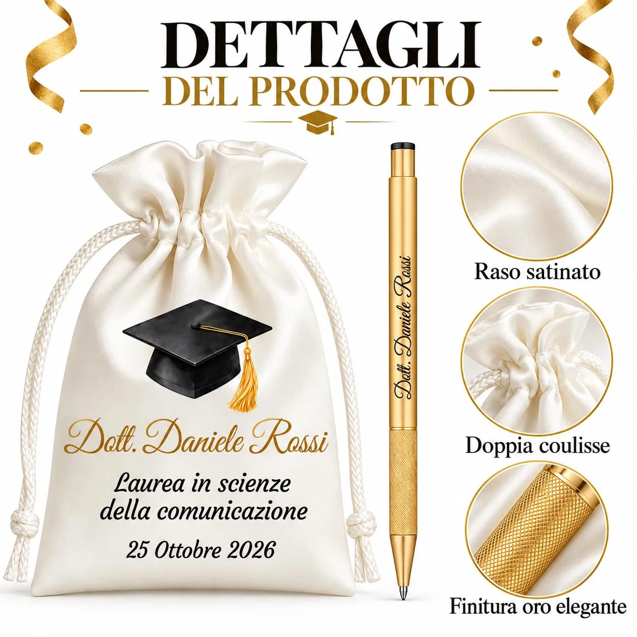 Cormar Kit Bomboniere Laurea Personalizzate, Rosso, 12 Sacchetti in Raso con 12 Penne Personalizzate, Nome, Facoltà e Data (STILE 13) - immagine 4