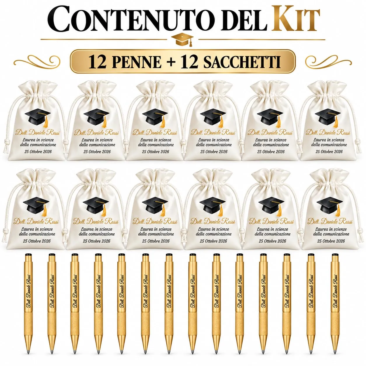 Cormar Kit Bomboniere Laurea Personalizzate, Rosso, 12 Sacchetti in Raso con 12 Penne Personalizzate, Nome, Facoltà e Data (STILE 13) - immagine 5