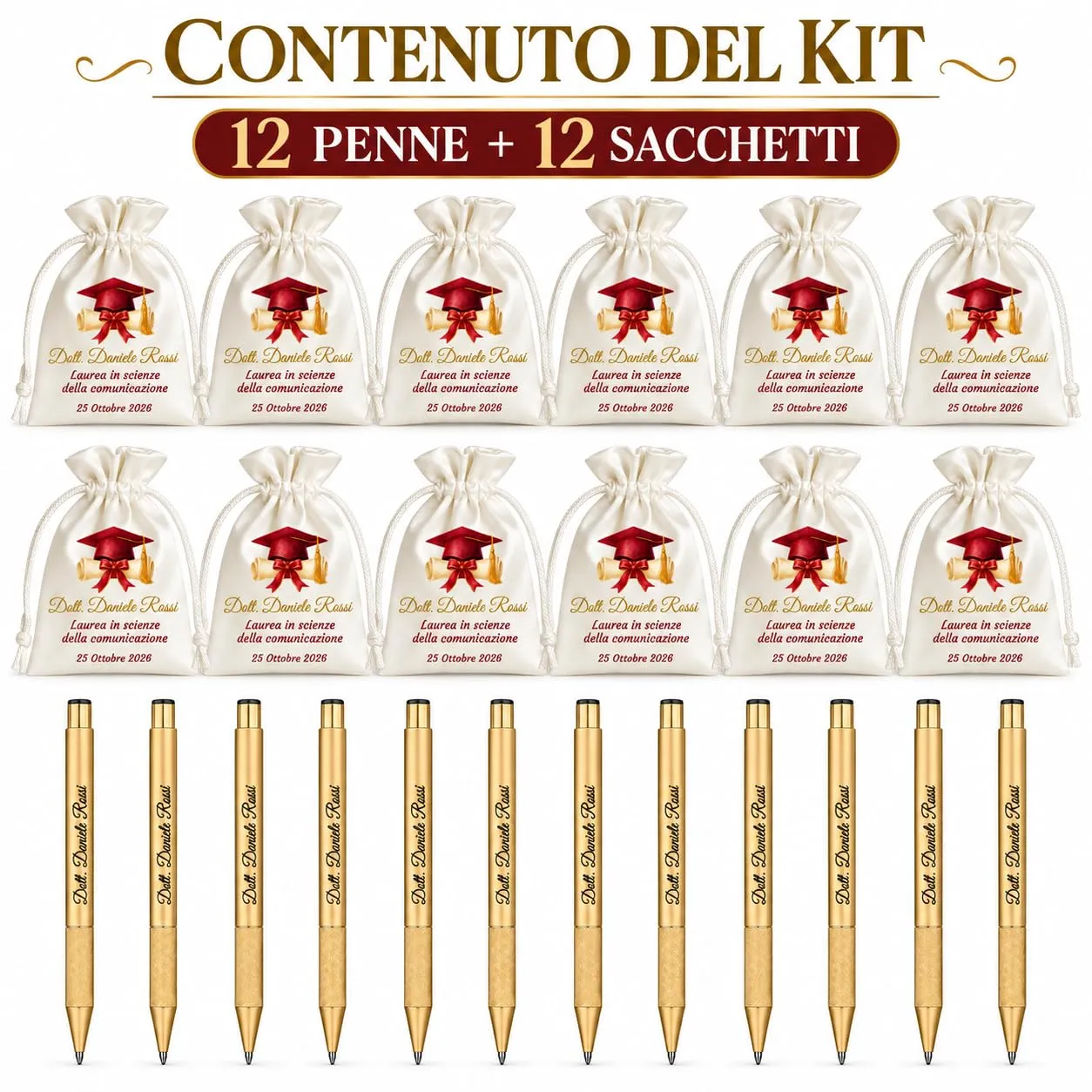 Cormar Kit Bomboniere Laurea Personalizzate, Rosso, 12 Sacchetti in Raso con 12 Penne Personalizzate, Nome, Facoltà e Data (STILE 11) - immagine 2