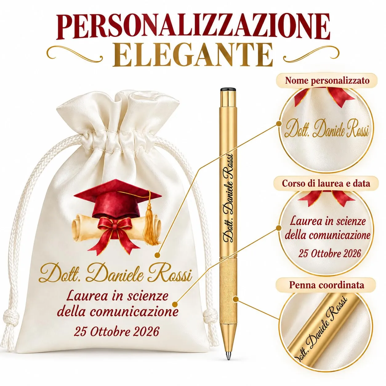 Cormar Kit Bomboniere Laurea Personalizzate, Rosso, 12 Sacchetti in Raso con 12 Penne Personalizzate, Nome, Facoltà e Data (STILE 11) - immagine 3