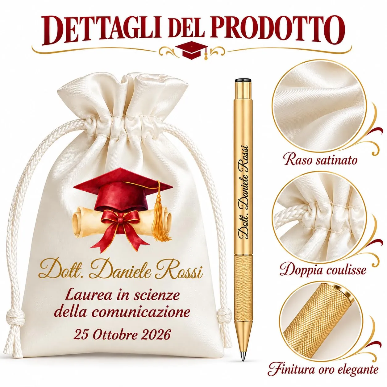 Cormar Kit Bomboniere Laurea Personalizzate, Rosso, 12 Sacchetti in Raso con 12 Penne Personalizzate, Nome, Facoltà e Data (STILE 11) - immagine 4
