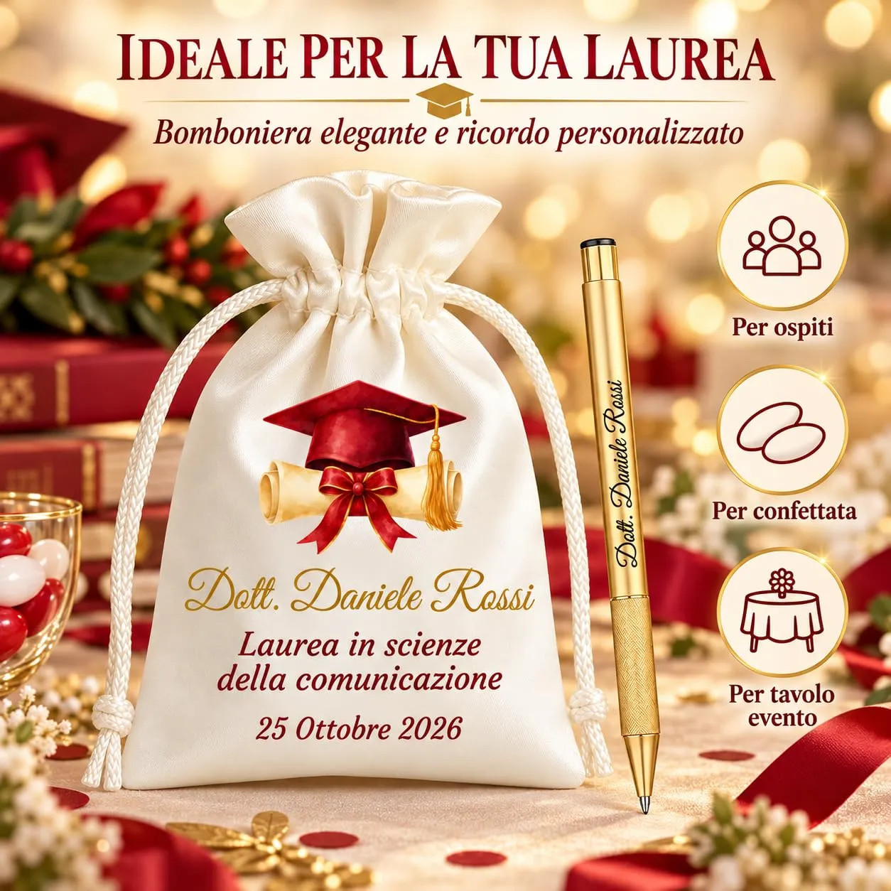 Cormar Kit Bomboniere Laurea Personalizzate, Rosso, 12 Sacchetti in Raso con 12 Penne Personalizzate, Nome, Facoltà e Data (STILE 11) - immagine 5