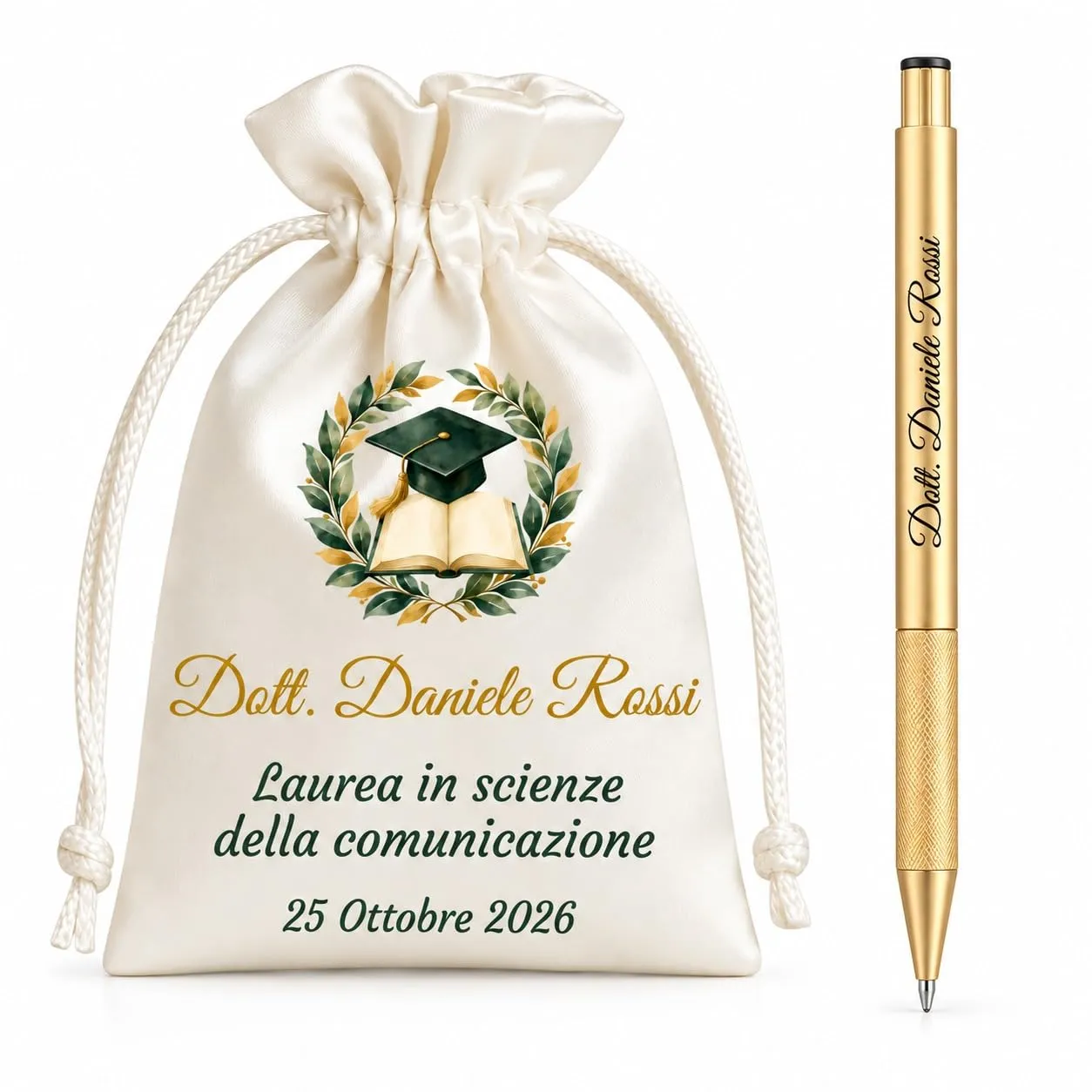 Cormar Kit Bomboniere Laurea Personalizzate, Rosso, 12 Sacchetti in Raso con 12 Penne Personalizzate, Nome, Facoltà e Data (STILE 14) - immagine 1