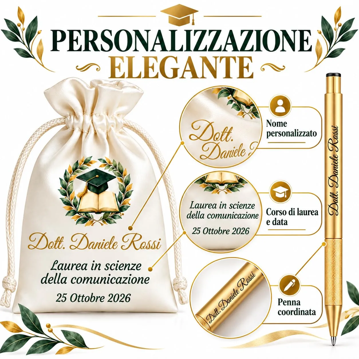 Cormar Kit Bomboniere Laurea Personalizzate, Rosso, 12 Sacchetti in Raso con 12 Penne Personalizzate, Nome, Facoltà e Data (STILE 14) - immagine 2