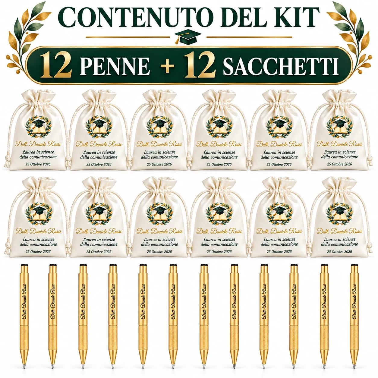 Cormar Kit Bomboniere Laurea Personalizzate, Rosso, 12 Sacchetti in Raso con 12 Penne Personalizzate, Nome, Facoltà e Data (STILE 14) - immagine 3