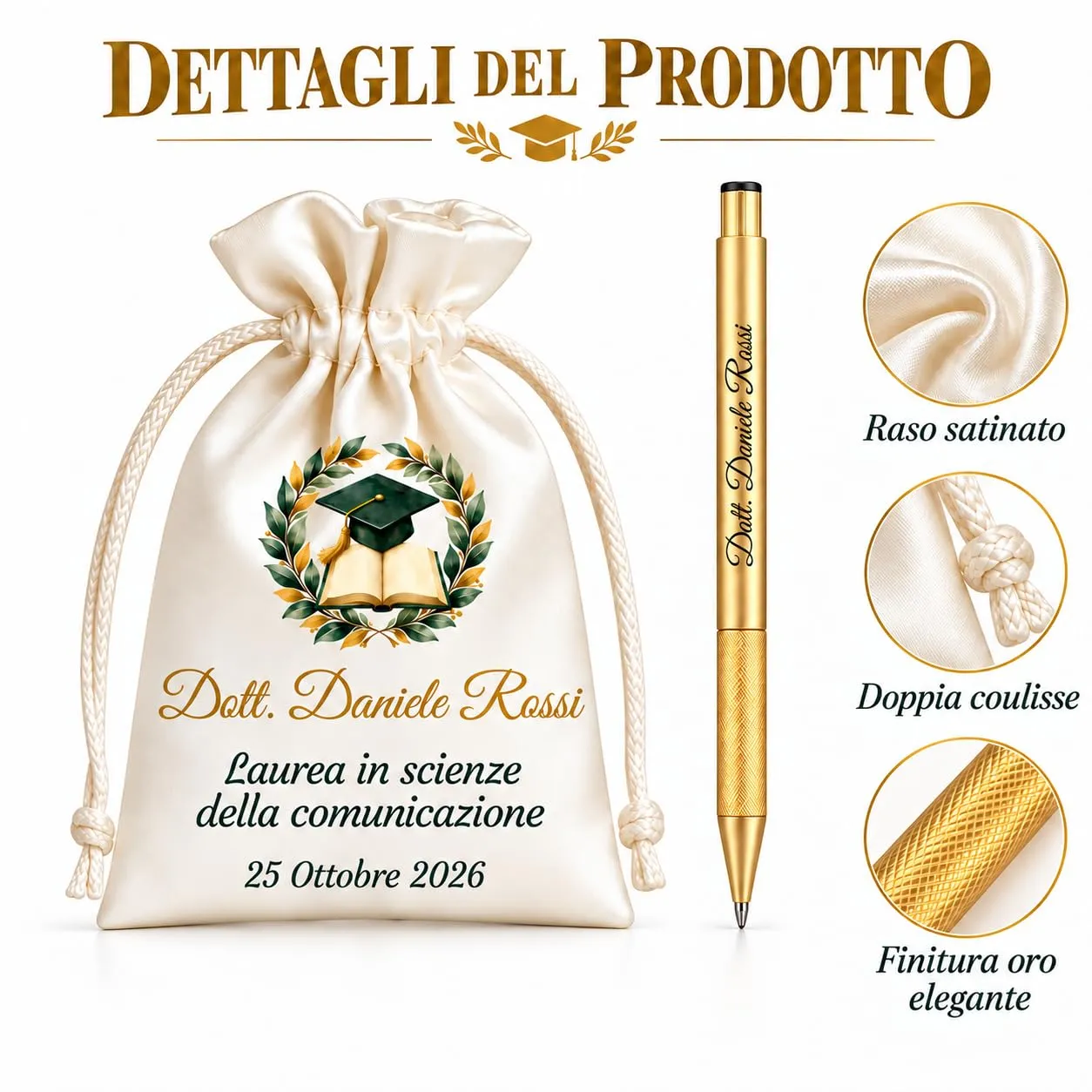 Cormar Kit Bomboniere Laurea Personalizzate, Rosso, 12 Sacchetti in Raso con 12 Penne Personalizzate, Nome, Facoltà e Data (STILE 14) - immagine 4