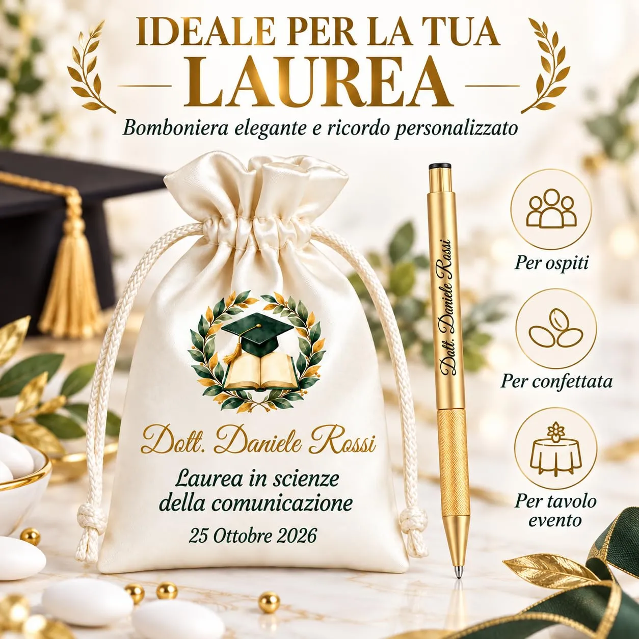 Cormar Kit Bomboniere Laurea Personalizzate, Rosso, 12 Sacchetti in Raso con 12 Penne Personalizzate, Nome, Facoltà e Data (STILE 14) - immagine 5