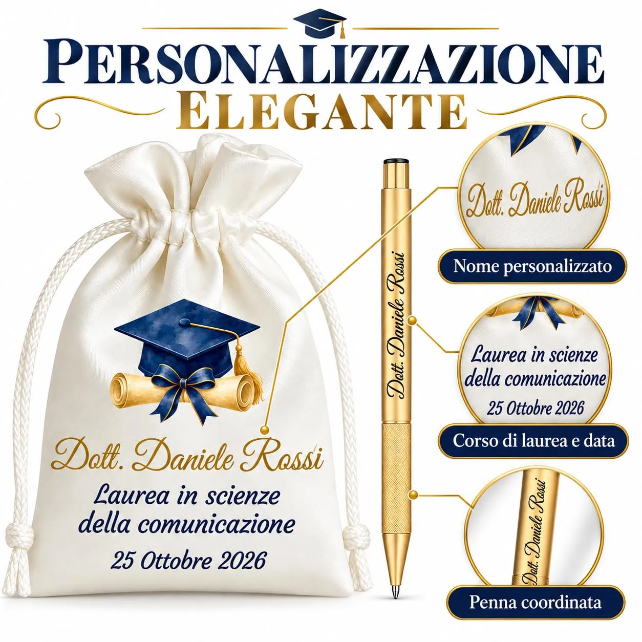 Cormar Kit Bomboniere Laurea Personalizzate, Rosso, 12 Sacchetti in Raso con 12 Penne Personalizzate, Nome, Facoltà e Data (STILE 12) - immagine 2