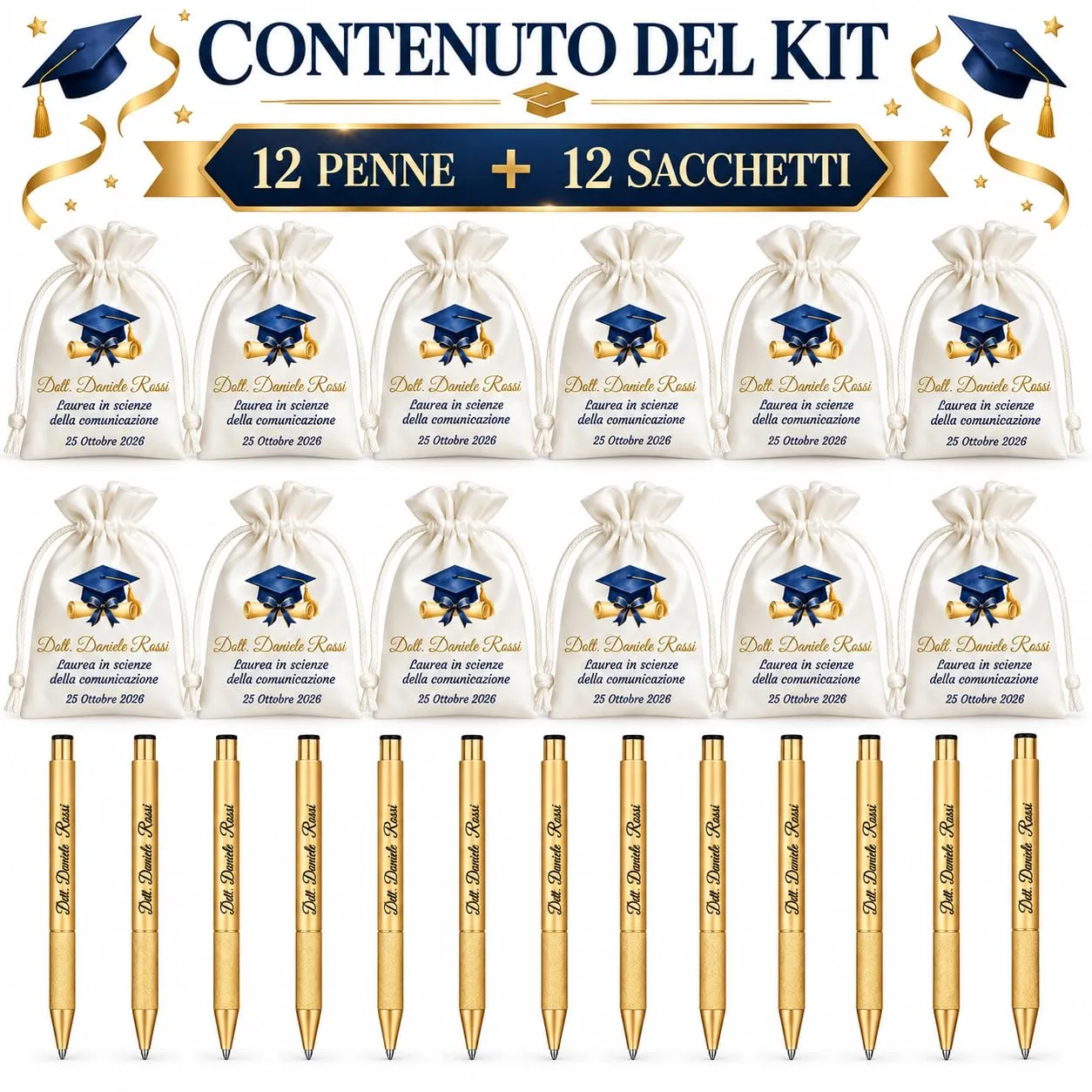 Cormar Kit Bomboniere Laurea Personalizzate, Rosso, 12 Sacchetti in Raso con 12 Penne Personalizzate, Nome, Facoltà e Data (STILE 12) - immagine 3
