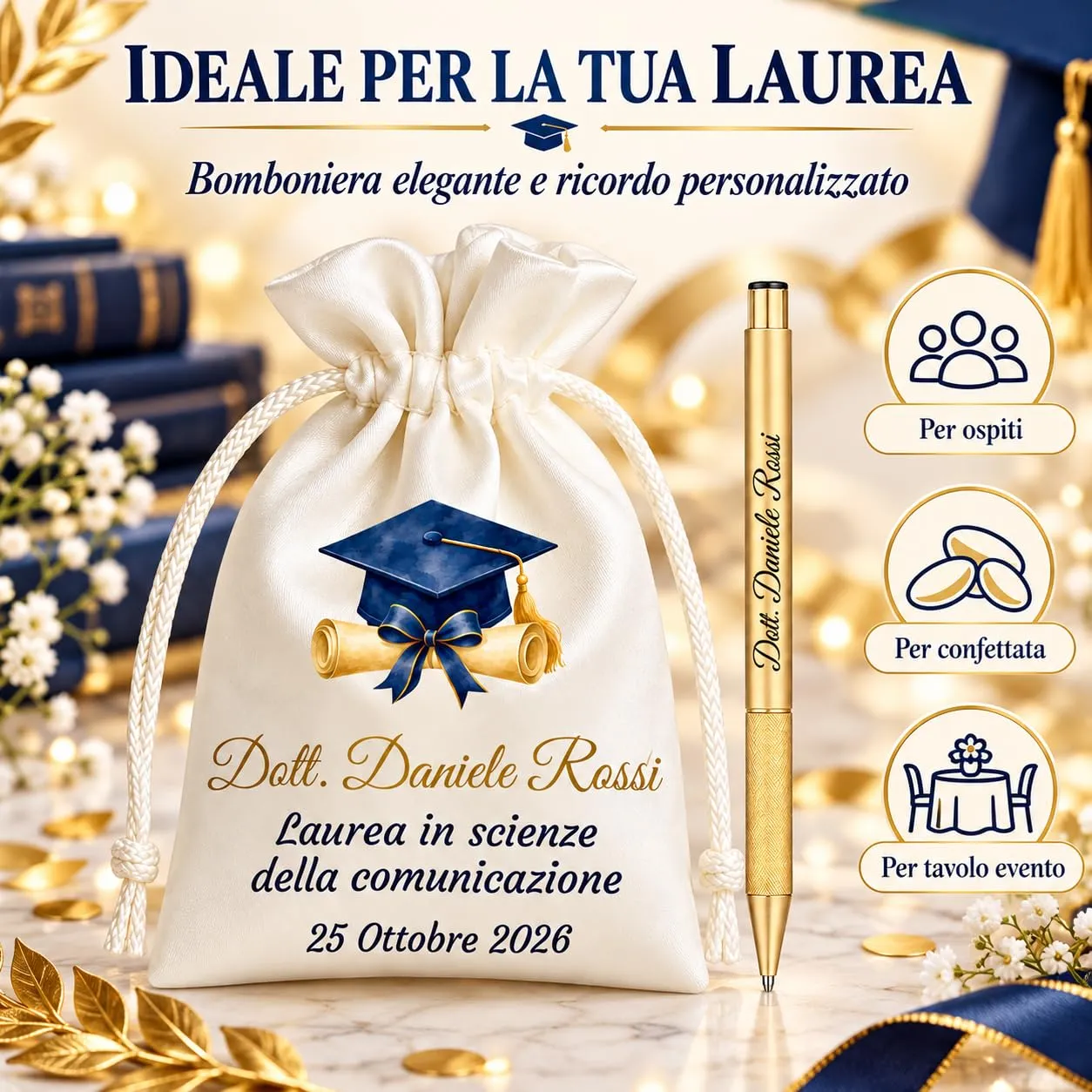 Cormar Kit Bomboniere Laurea Personalizzate, Rosso, 12 Sacchetti in Raso con 12 Penne Personalizzate, Nome, Facoltà e Data (STILE 12) - immagine 4