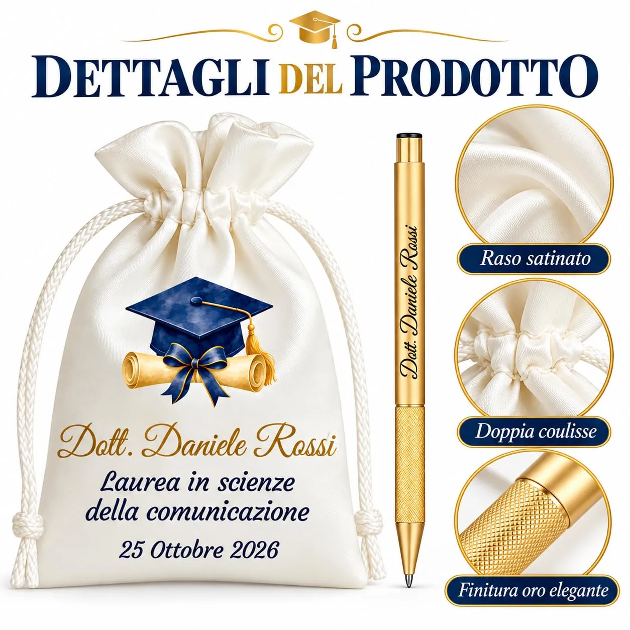 Cormar Kit Bomboniere Laurea Personalizzate, Rosso, 12 Sacchetti in Raso con 12 Penne Personalizzate, Nome, Facoltà e Data (STILE 12) - immagine 5