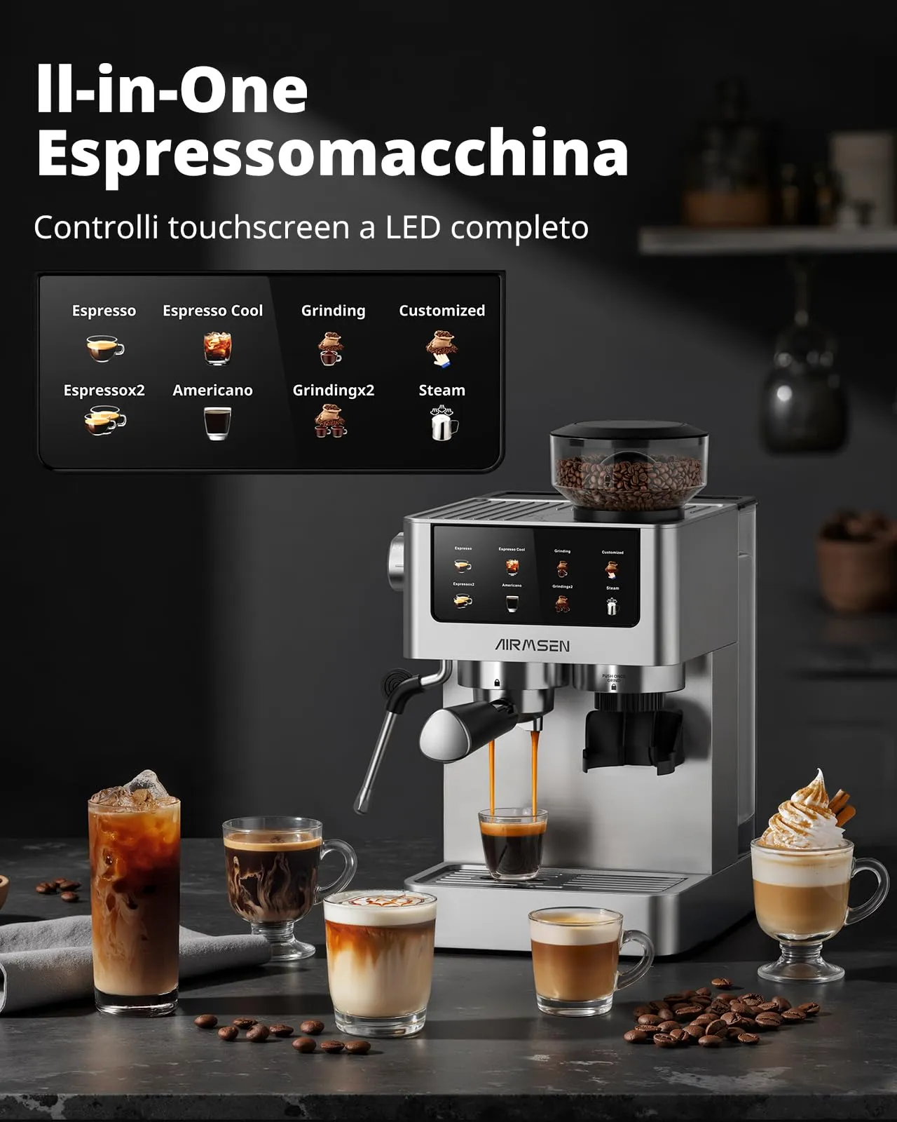 AIRMSEN 20 Bar Macchina per Caffè Espresso con Macinacaffè e Montalatte - Programmable, Compatibile con Caffe Freddo (Cold Brew) e Americano, Macchina del Caffe per Macinato/Chicco Intero, 1,8L - immagine 2