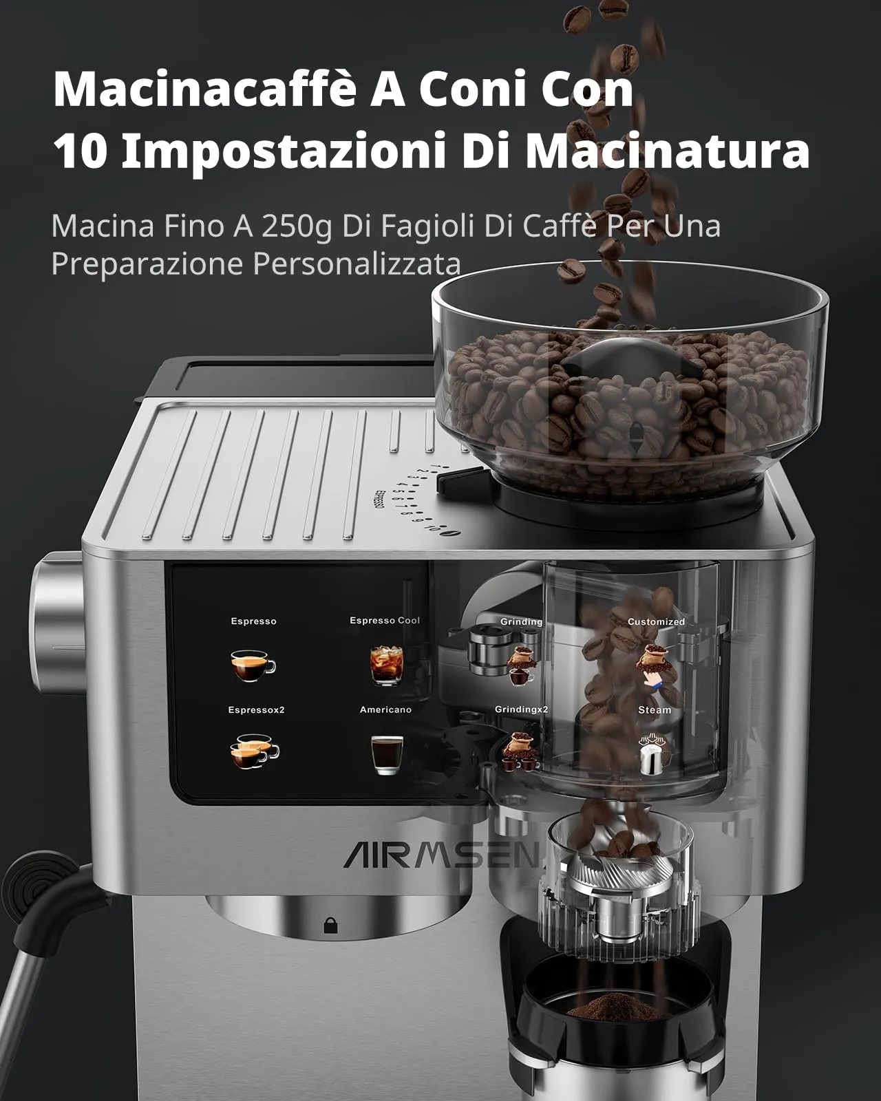 AIRMSEN 20 Bar Macchina per Caffè Espresso con Macinacaffè e Montalatte - Programmable, Compatibile con Caffe Freddo (Cold Brew) e Americano, Macchina del Caffe per Macinato/Chicco Intero, 1,8L - immagine 3