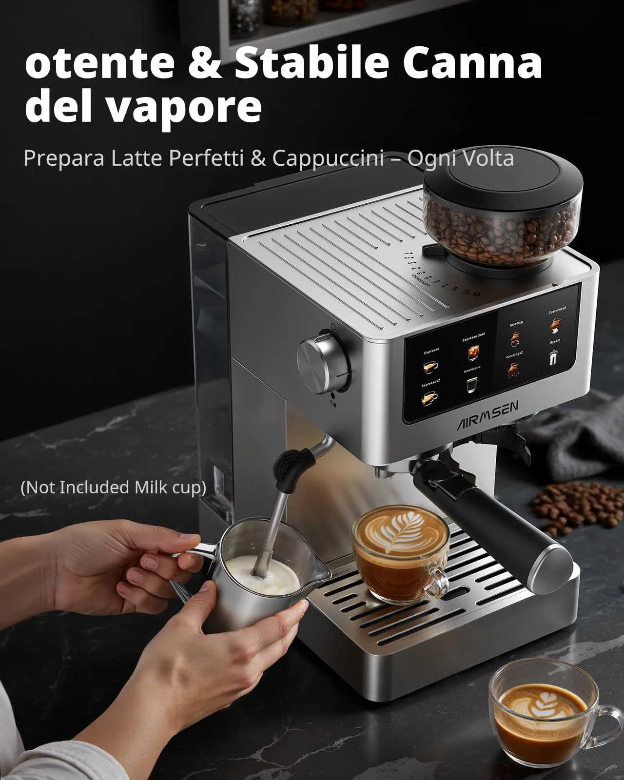AIRMSEN 20 Bar Macchina per Caffè Espresso con Macinacaffè e Montalatte - Programmable, Compatibile con Caffe Freddo (Cold Brew) e Americano, Macchina del Caffe per Macinato/Chicco Intero, 1,8L - immagine 4