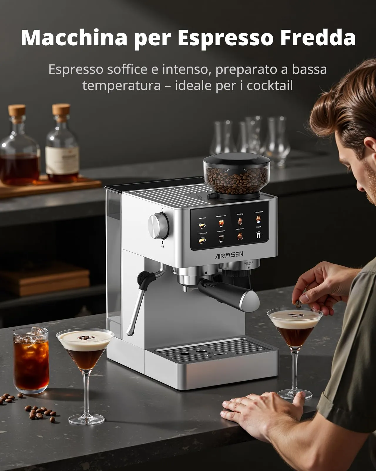 AIRMSEN 20 Bar Macchina per Caffè Espresso con Macinacaffè e Montalatte - Programmable, Compatibile con Caffe Freddo (Cold Brew) e Americano, Macchina del Caffe per Macinato/Chicco Intero, 1,8L - immagine 5