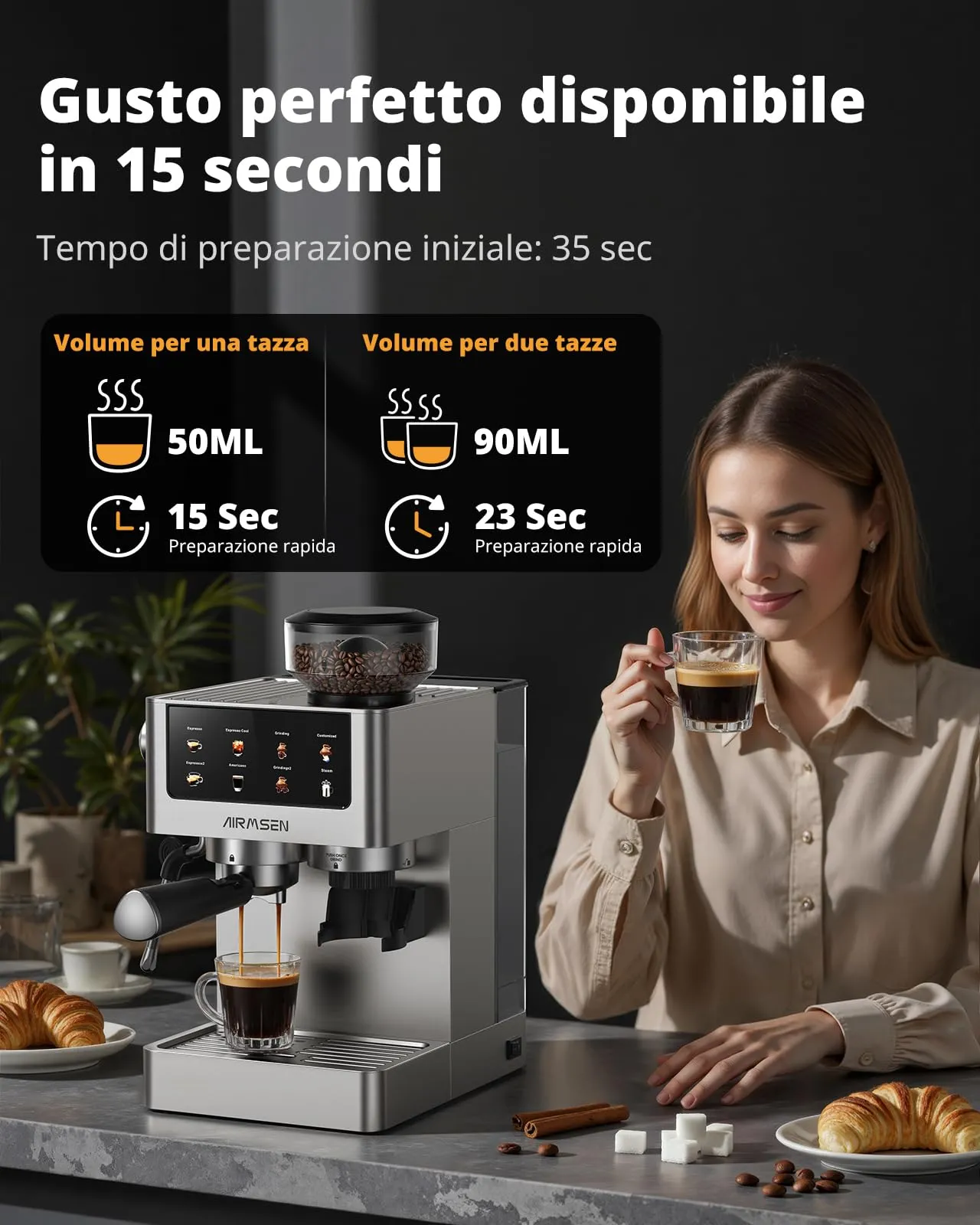 AIRMSEN 20 Bar Macchina per Caffè Espresso con Macinacaffè e Montalatte - Programmable, Compatibile con Caffe Freddo (Cold Brew) e Americano, Macchina del Caffe per Macinato/Chicco Intero, 1,8L - immagine 6