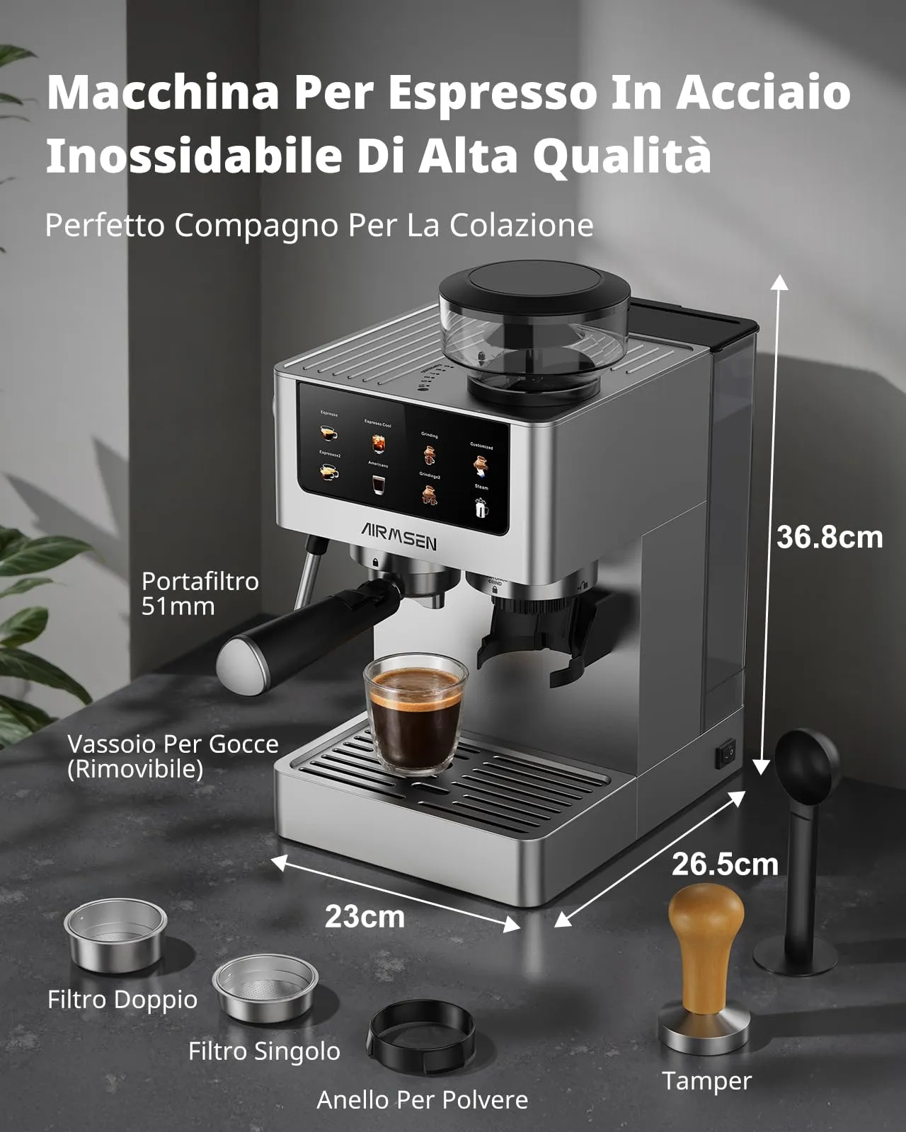 AIRMSEN 20 Bar Macchina per Caffè Espresso con Macinacaffè e Montalatte - Programmable, Compatibile con Caffe Freddo (Cold Brew) e Americano, Macchina del Caffe per Macinato/Chicco Intero, 1,8L - immagine 7