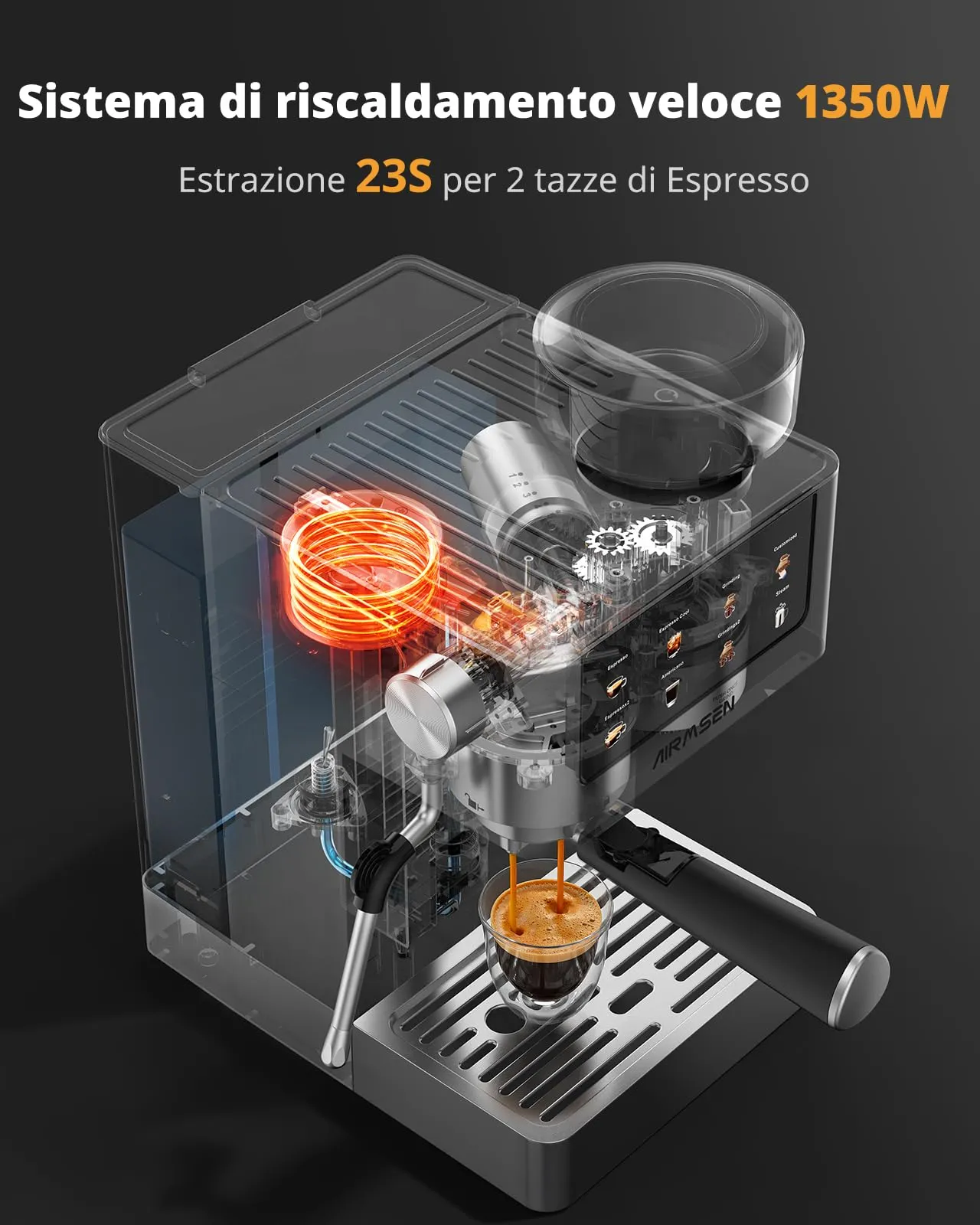 AIRMSEN 20 Bar Macchina per Caffè Espresso con Macinacaffè e Montalatte - Programmable, Compatibile con Caffe Freddo (Cold Brew) e Americano, Macchina del Caffe per Macinato/Chicco Intero, 1,8L - immagine 8